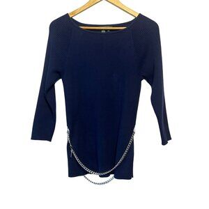 VTG Lauren Ralph Lauren Small Navy Cotton Chain-Embellished Ribbed Sweater